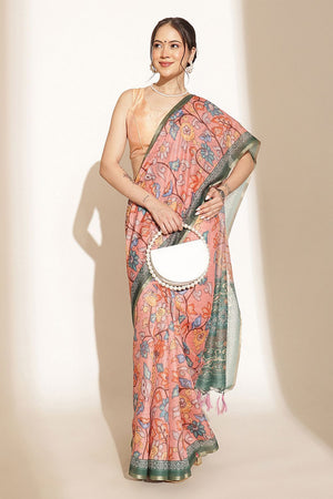 Peach Floral Printed Cotton Blend Saree (SZKLD000-3209)