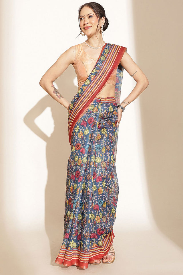 Blue Floral Printed Cotton Blend Saree (SZKLD000-3210)