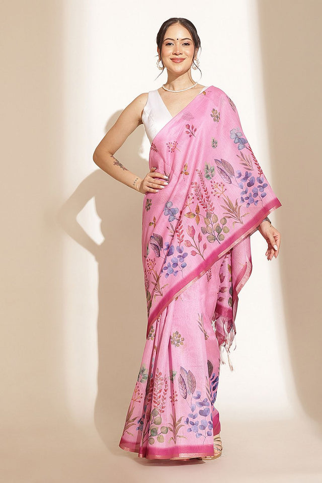 Pink Floral Printed Cotton Blend Saree (SZKLD000-3211)