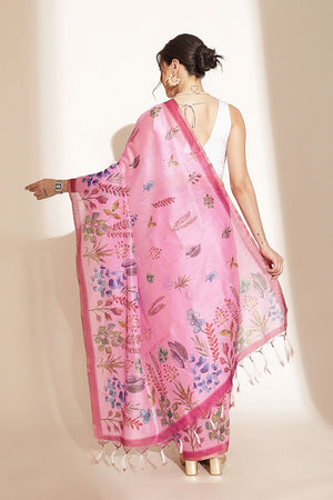Pink Floral Printed Cotton Blend Saree (SZKLD000-3211)
