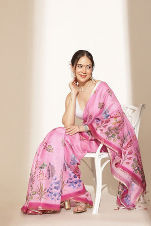 Pink Floral Printed Cotton Blend Saree (SZKLD000-3211)