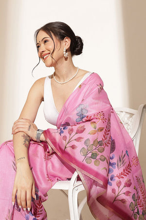 Pink Floral Printed Cotton Blend Saree (SZKLD000-3211)
