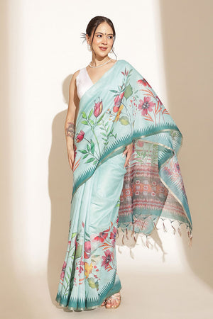 Turquoise Floral Printed Cotton Blend Saree (SZKLD000-3212)