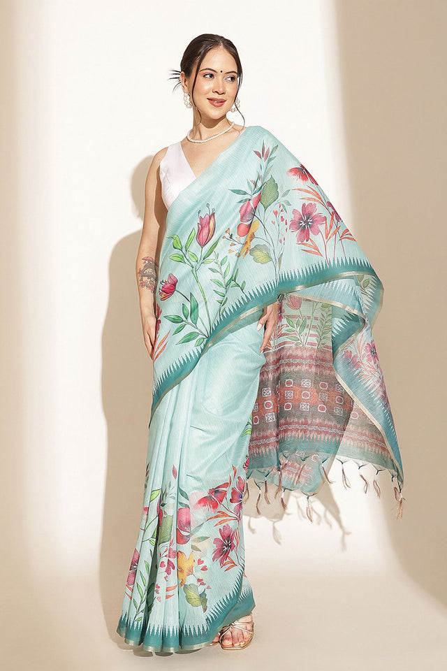 Turquoise Floral Printed Cotton Blend Saree (SZKLD000-3212)