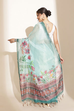 Turquoise Floral Printed Cotton Blend Saree (SZKLD000-3212)