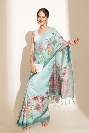Turquoise Floral Printed Cotton Blend Saree (SZKLD000-3212)