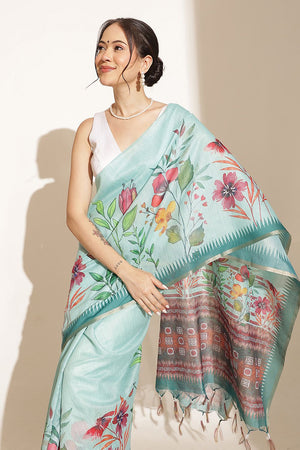 Turquoise Floral Printed Cotton Blend Saree (SZKLD000-3212)
