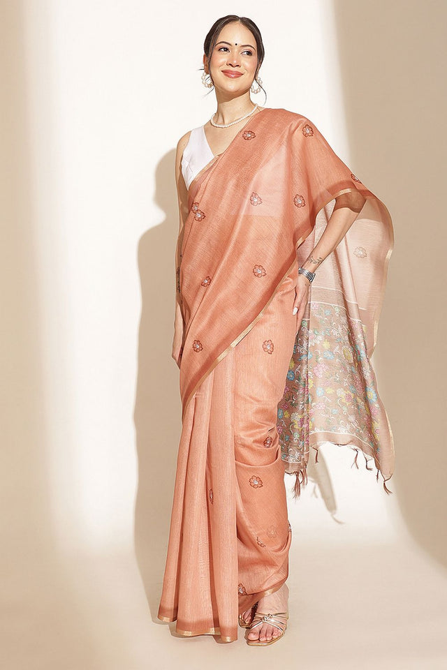 Brown Floral Printed Cotton Blend Saree (SZKLD000-3213)