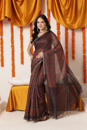Brown Floral Printed Cotton Blend Saree (SZKLD000-3288)