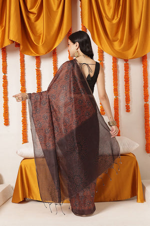 Brown Floral Printed Cotton Blend Saree (SZKLD000-3288)