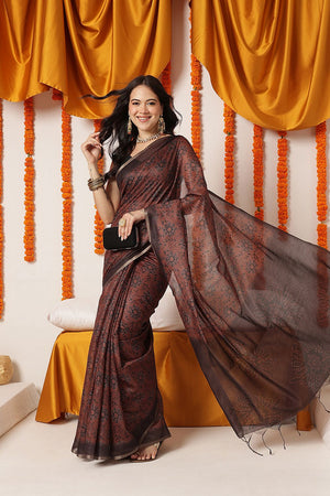 Brown Floral Printed Cotton Blend Saree (SZKLD000-3288)