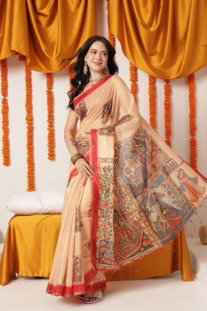 Beige Madhubani Printed Cotton Blend Saree (SZKLD000-3289)