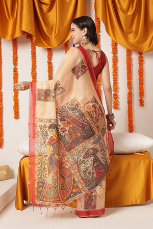 Beige Madhubani Printed Cotton Blend Saree (SZKLD000-3289)
