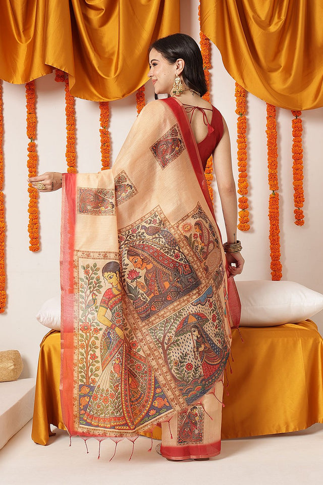 Beige Madhubani Printed Cotton Blend Saree (SZKLD000-3289)
