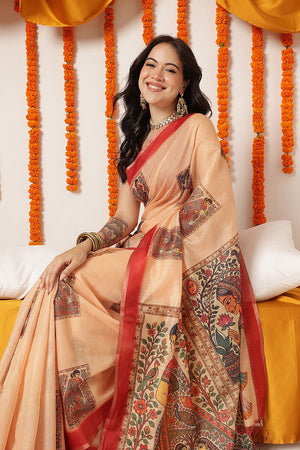 Beige Madhubani Printed Cotton Blend Saree (SZKLD000-3289)