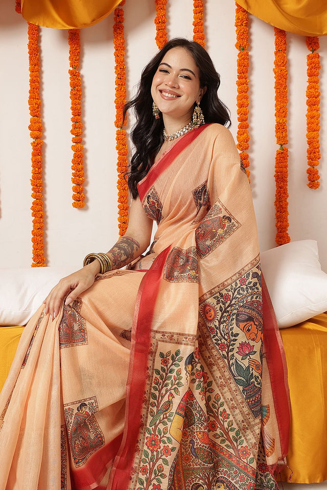 Beige Madhubani Printed Cotton Blend Saree (SZKLD000-3289)