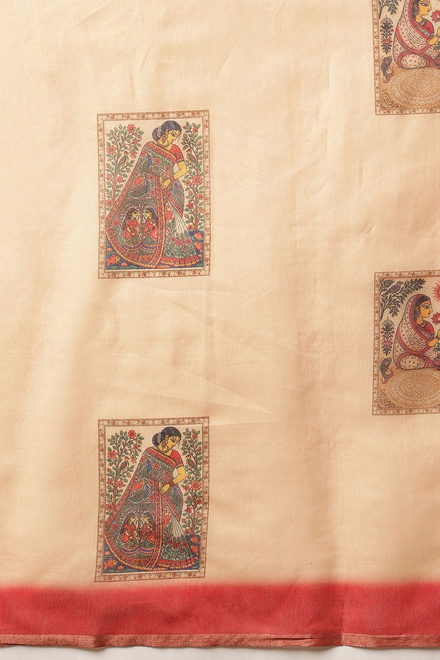 Beige Madhubani Printed Cotton Blend Saree (SZKLD000-3289)