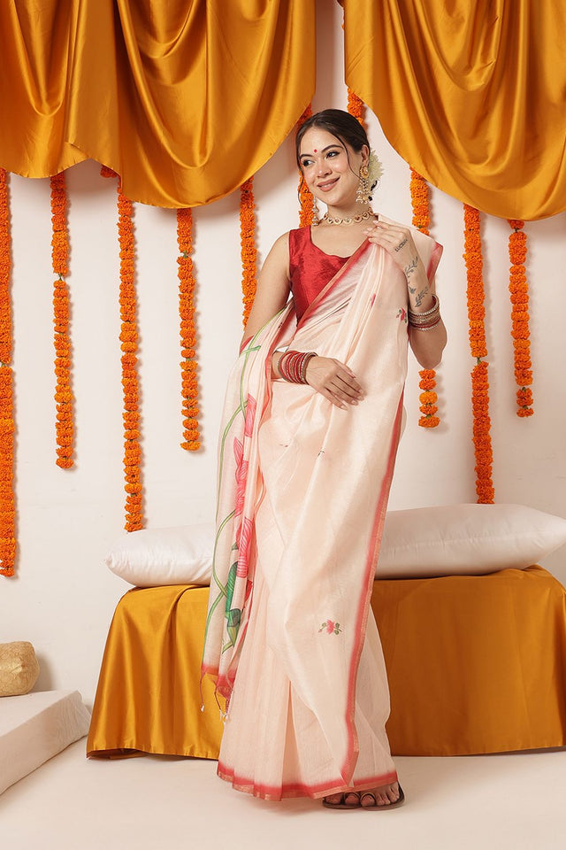 Beige Floral Printed Cotton Blend Saree (SZKLD000-3294)