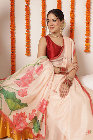 Beige Floral Printed Cotton Blend Saree (SZKLD000-3294)