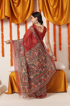 Maroon Madhubani Printed Cotton Blend Saree (SZKLD000-3295)