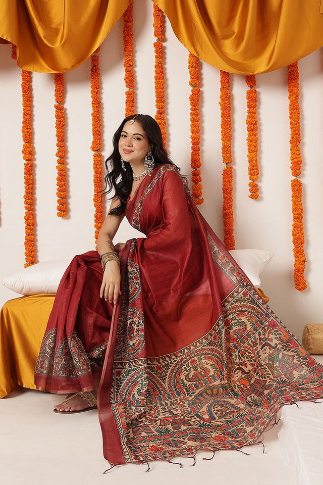 Maroon Madhubani Printed Cotton Blend Saree (SZKLD000-3295)