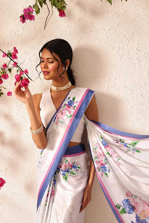 White Floral Printed Chiffon Ready to Wear Saree