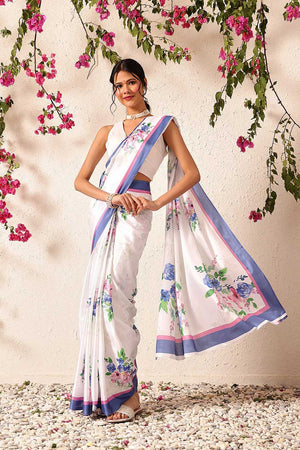 White Floral Printed Chiffon Ready to Wear Saree