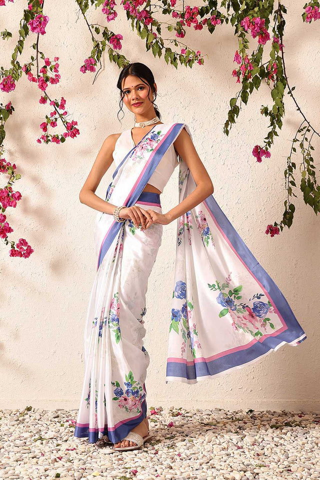 White Floral Printed Chiffon Ready to Wear Saree