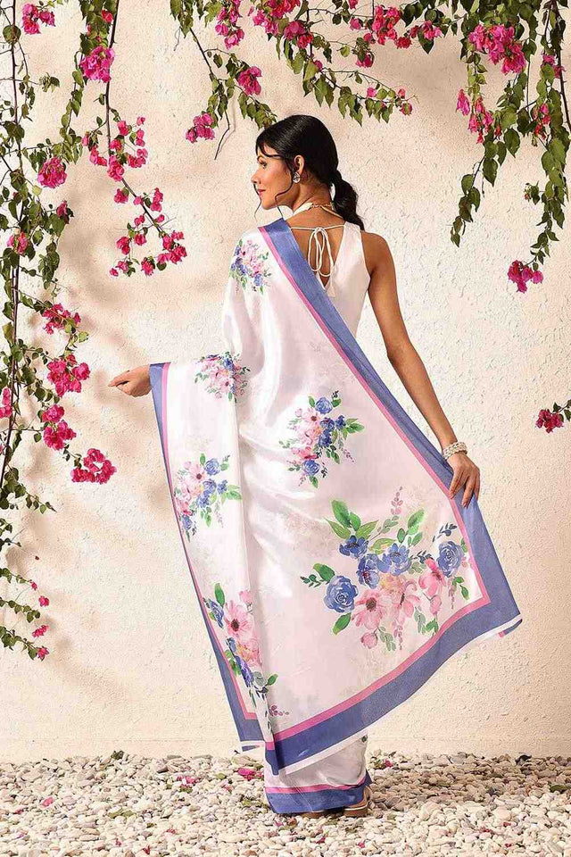White Floral Printed Chiffon Ready to Wear Saree