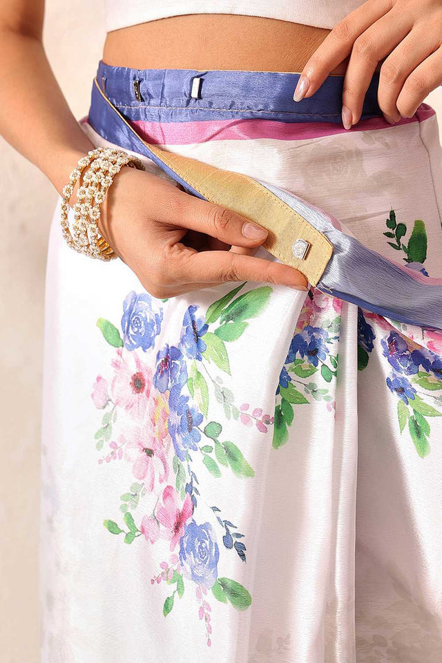 White Floral Printed Chiffon Ready to Wear Saree