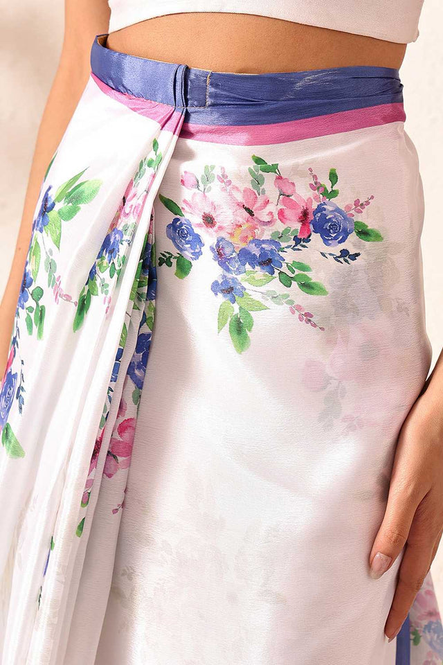White Floral Printed Chiffon Ready to Wear Saree
