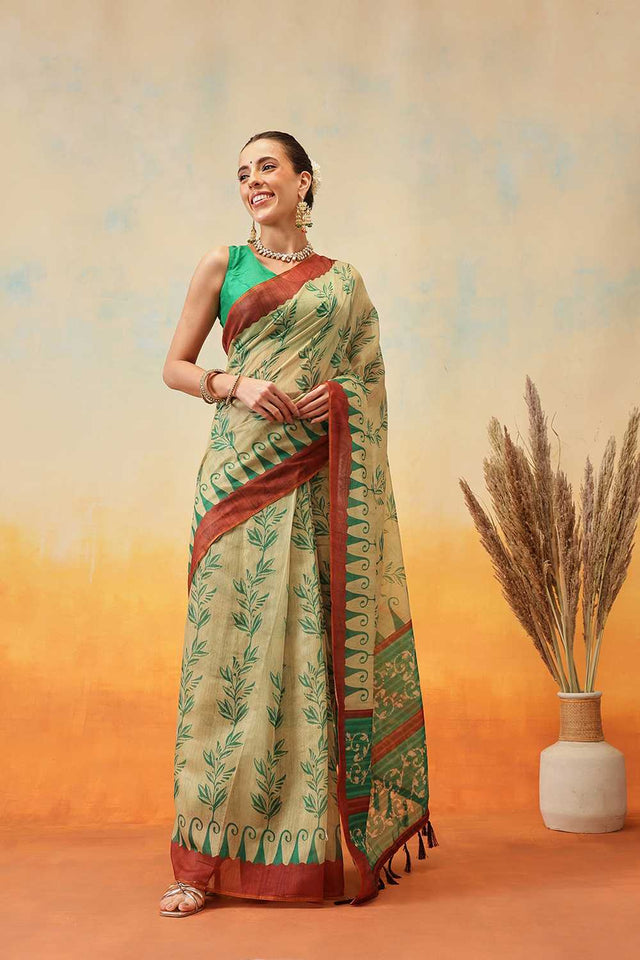 Beige Floral Printed Cotton Blend Ready to Wear Saree