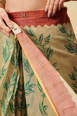 Beige Floral Printed Cotton Blend Ready to Wear Saree