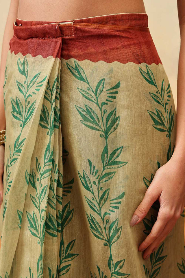 Beige Floral Printed Cotton Blend Ready to Wear Saree