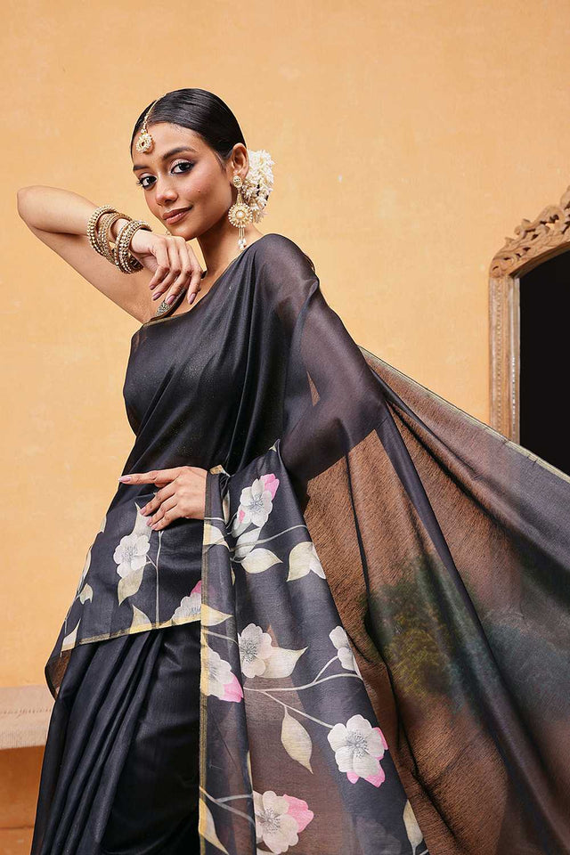 Black Floral Printed Cotton Blend Ready to Wear Saree