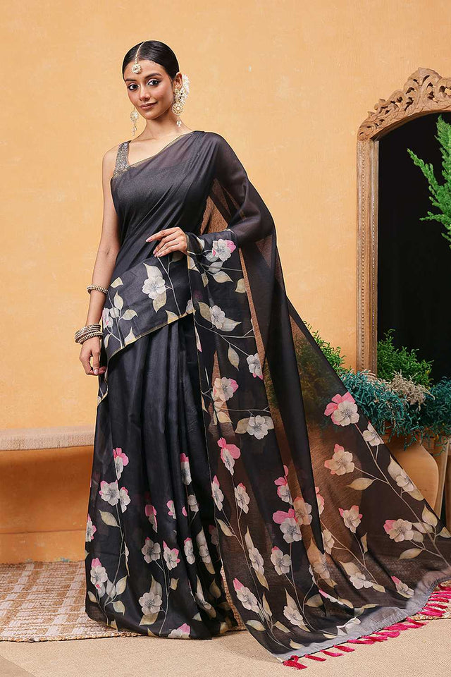 Black Floral Printed Cotton Blend Ready to Wear Saree