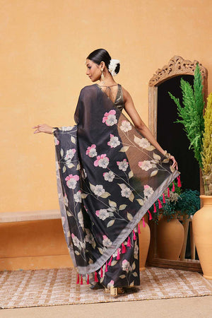 Black Floral Printed Cotton Blend Ready to Wear Saree