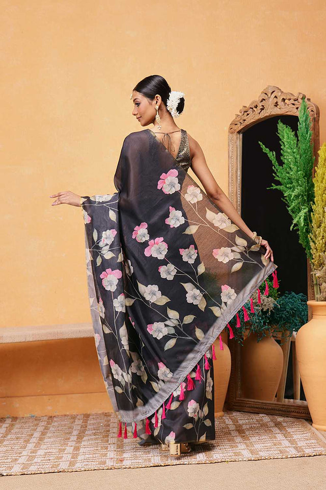 Black Floral Printed Cotton Blend Ready to Wear Saree