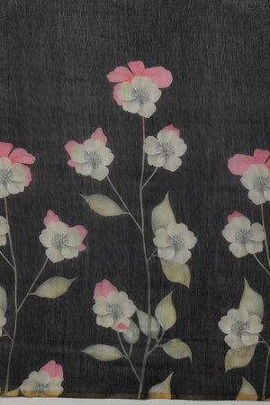 Black Floral Printed Cotton Blend Ready to Wear Saree