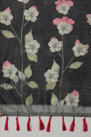 Black Floral Printed Cotton Blend Ready to Wear Saree