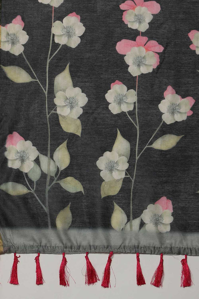 Black Floral Printed Cotton Blend Ready to Wear Saree