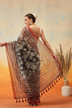 Multi Color Floral Printed Cotton Blend Ready to Wear Saree