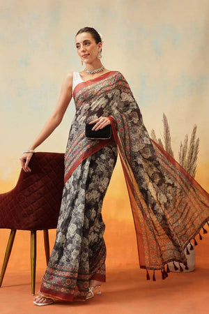 Multi Color Floral Printed Cotton Blend Ready to Wear Saree