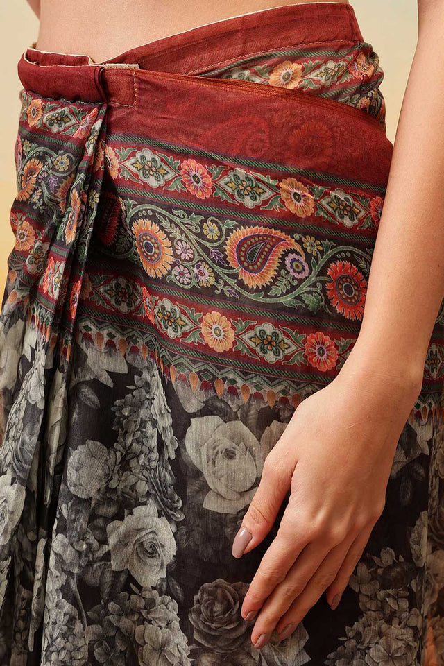 Multi Color Floral Printed Cotton Blend Ready to Wear Saree