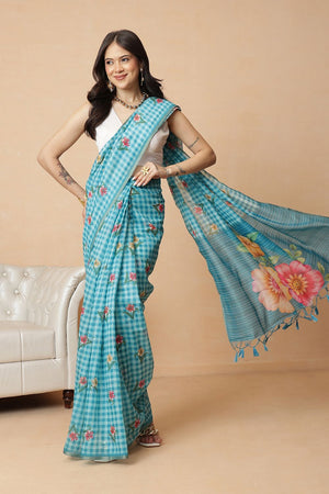 Blue Checkered Printed Cotton Blend Saree (SZR-CHECKS-BU-3180)