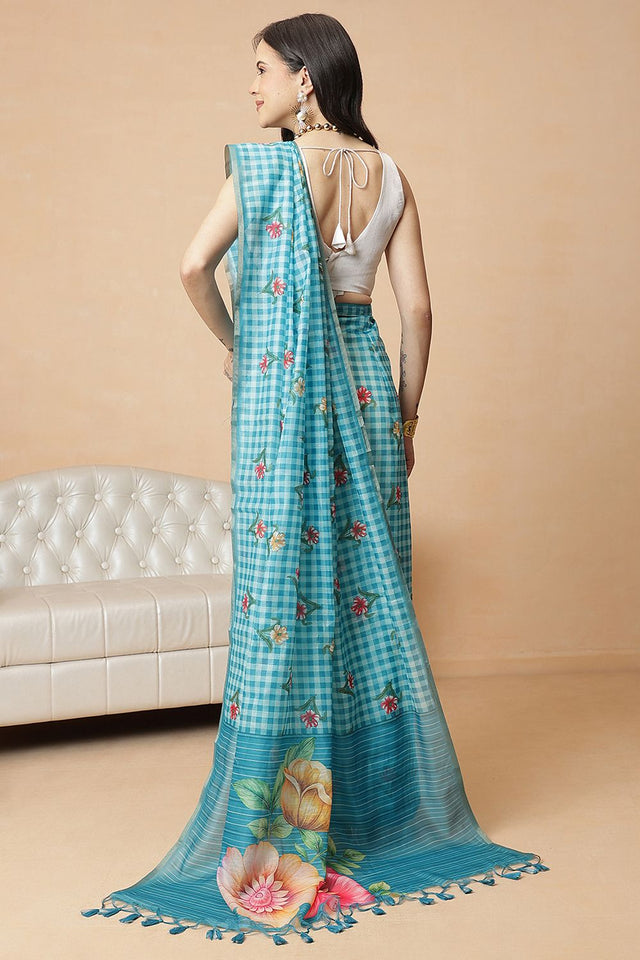 Blue Checkered Printed Cotton Blend Saree (SZR-CHECKS-BU-3180)