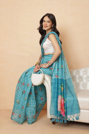 Blue Checkered Printed Cotton Blend Saree (SZR-CHECKS-BU-3180)