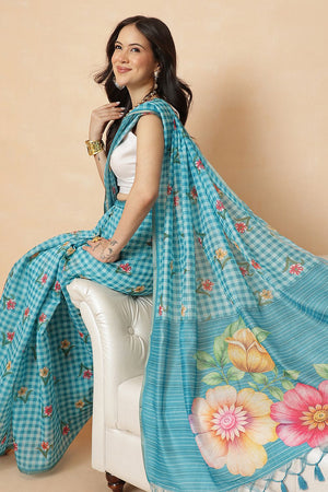 Blue Checkered Printed Cotton Blend Saree (SZR-CHECKS-BU-3180)