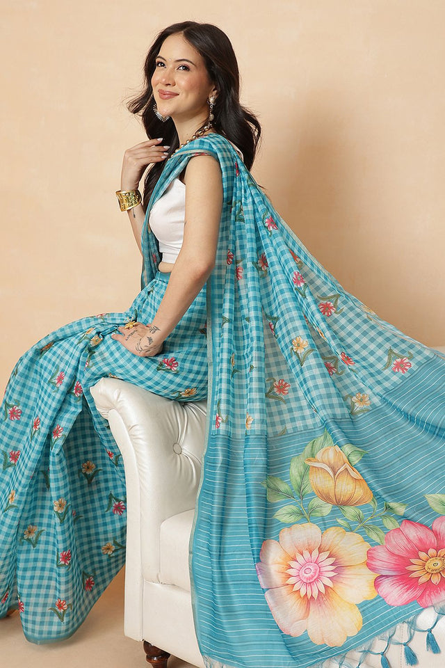 Blue Checkered Printed Cotton Blend Saree (SZR-CHECKS-BU-3180)