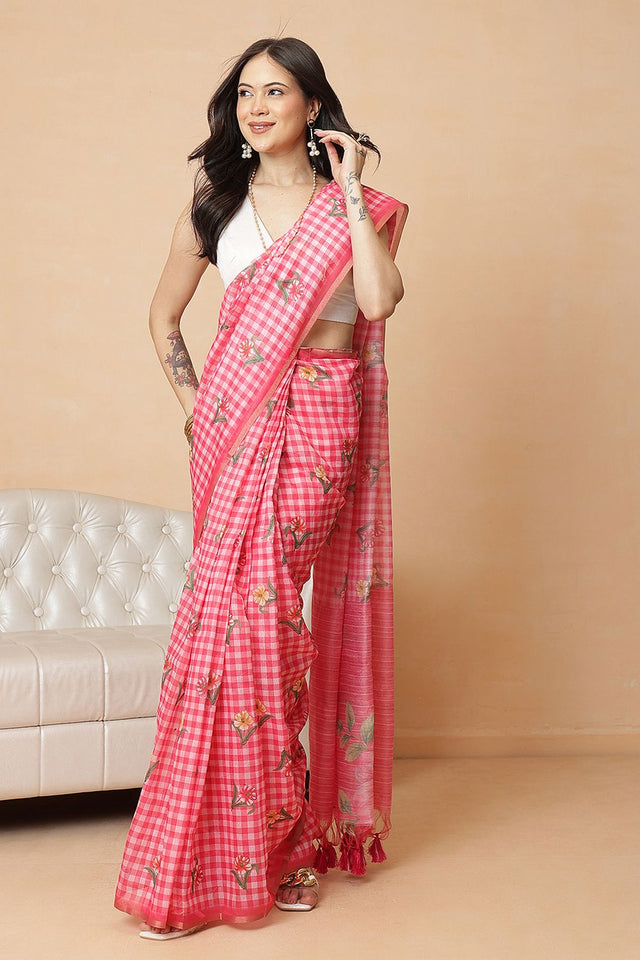 Pink Checkered Printed Cotton Blend Saree (SZR-CHECKS-PN-3179)